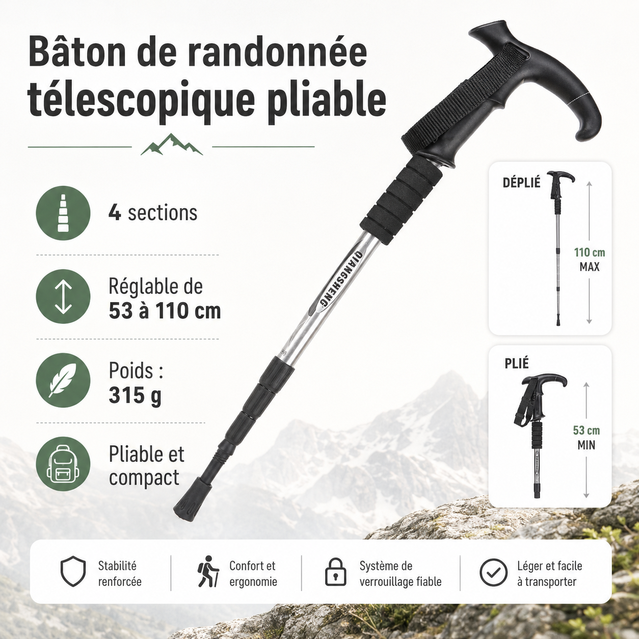 Detail du bout en carbure du baton telescopique pliable Passion Randonnee.