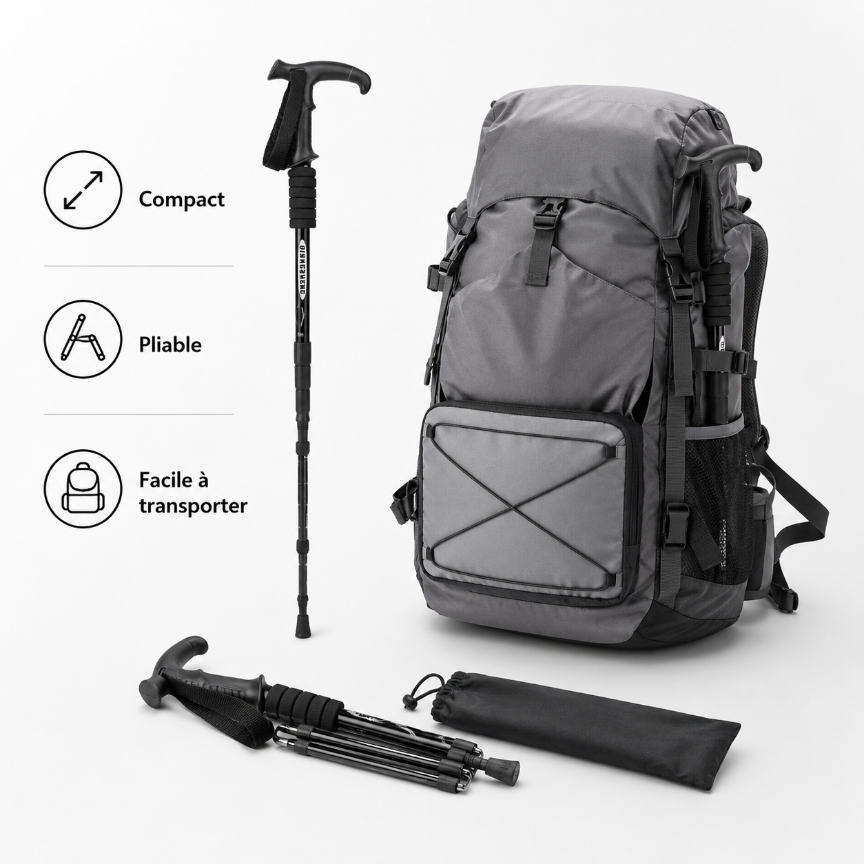 Baton de randonnee pliable Passion Randonnee replie compact pour transport.
