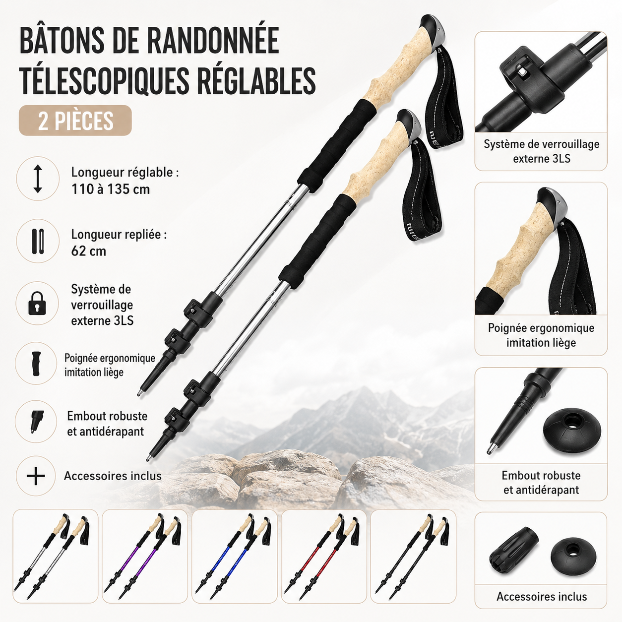 Paire de batons telescopiques reglables Passion Randonnee en trekking.