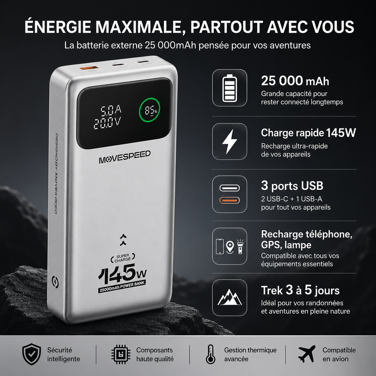 Batterie externe randonnée haute capacité 25000mAh - Passion Randonnée