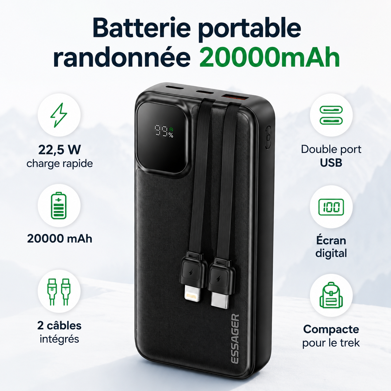 Batterie portable randonnée 20000mAh compacte - Passion Randonnée