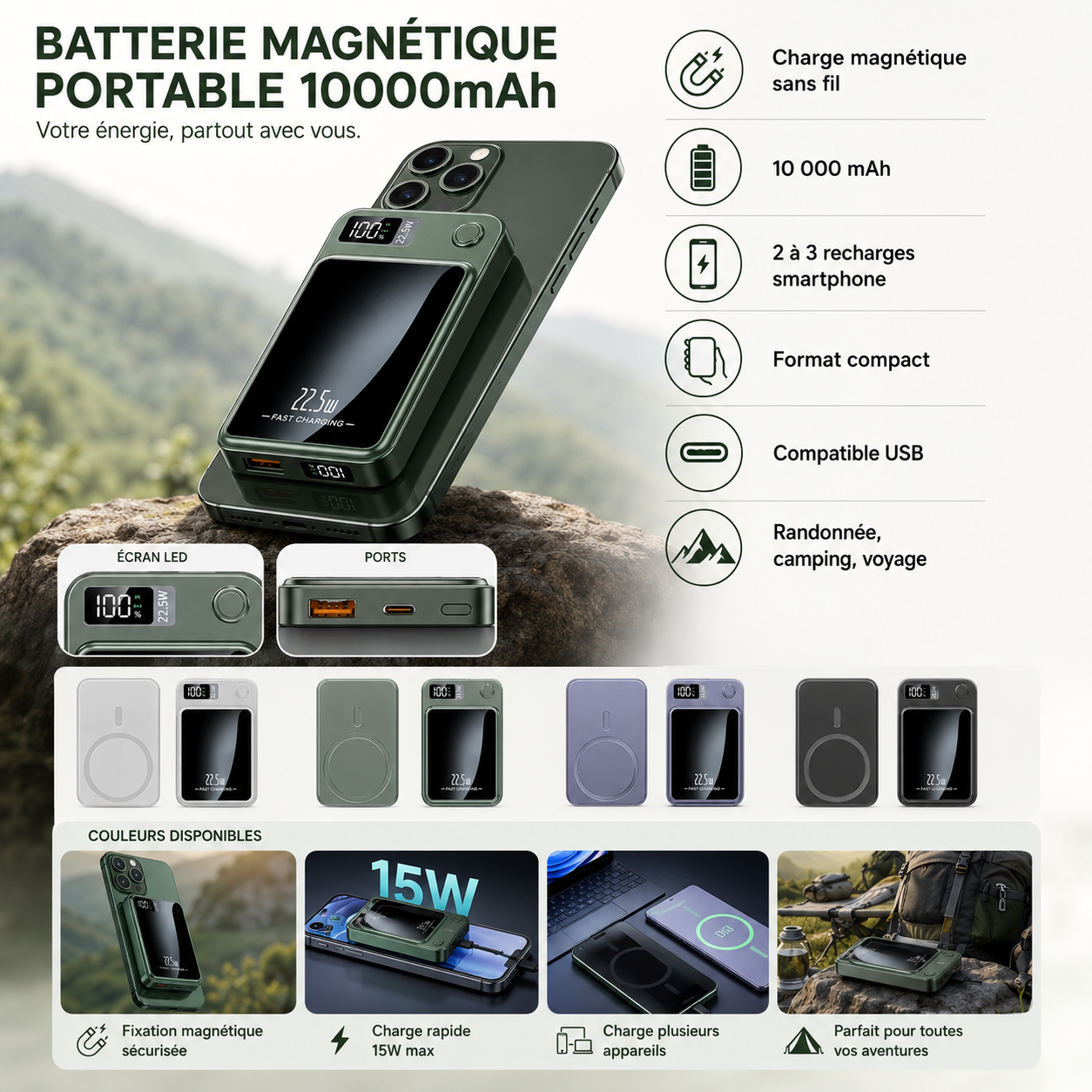 Batterie portable randonnée magnétique 10000mA - Passion Randonnée