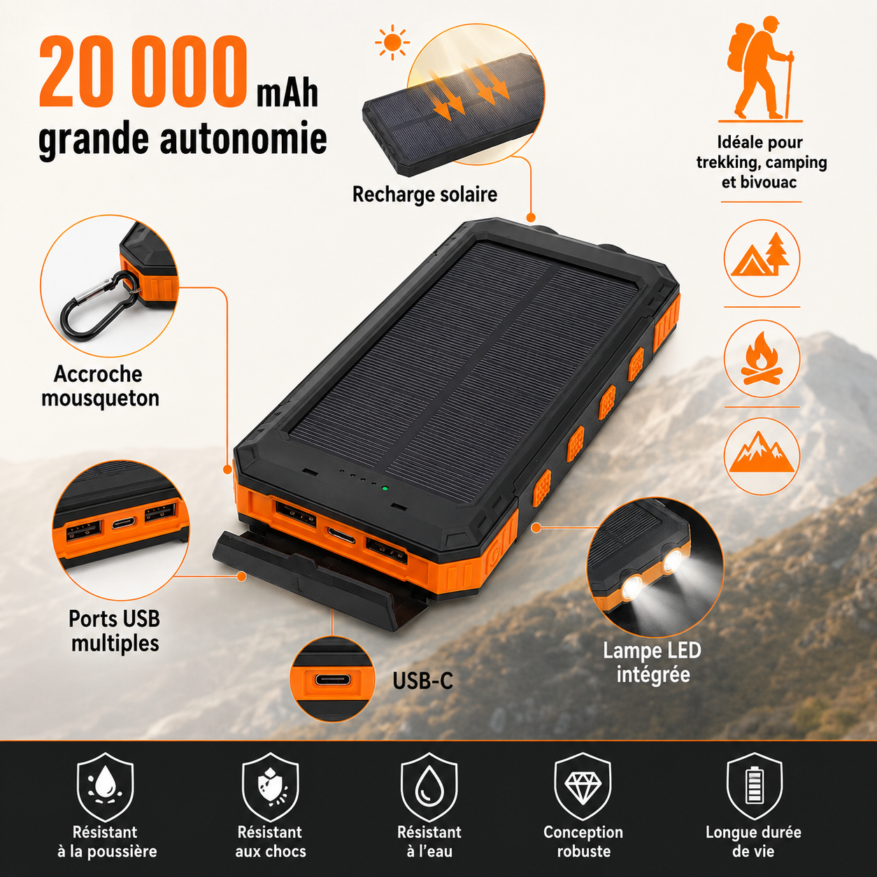 Batterie solaire randonnée 20000mAh grande autonomie - Passion Randonnée