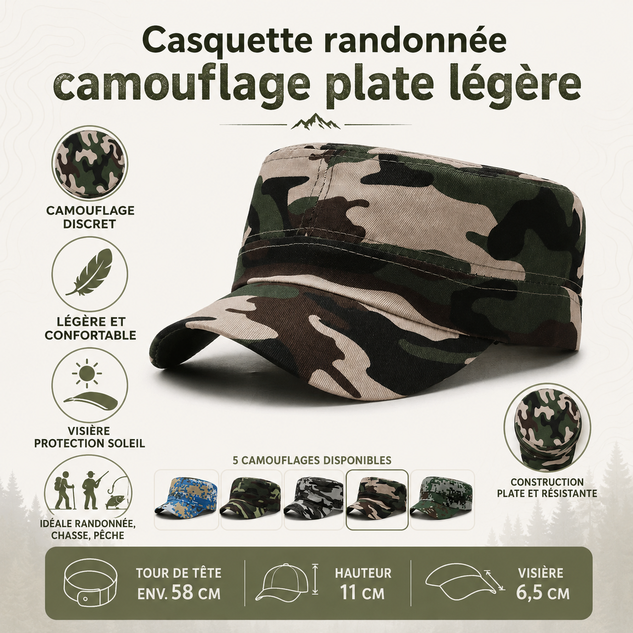 Detail du tissu camouflage de la casquette plate legere Passion Randonnee.