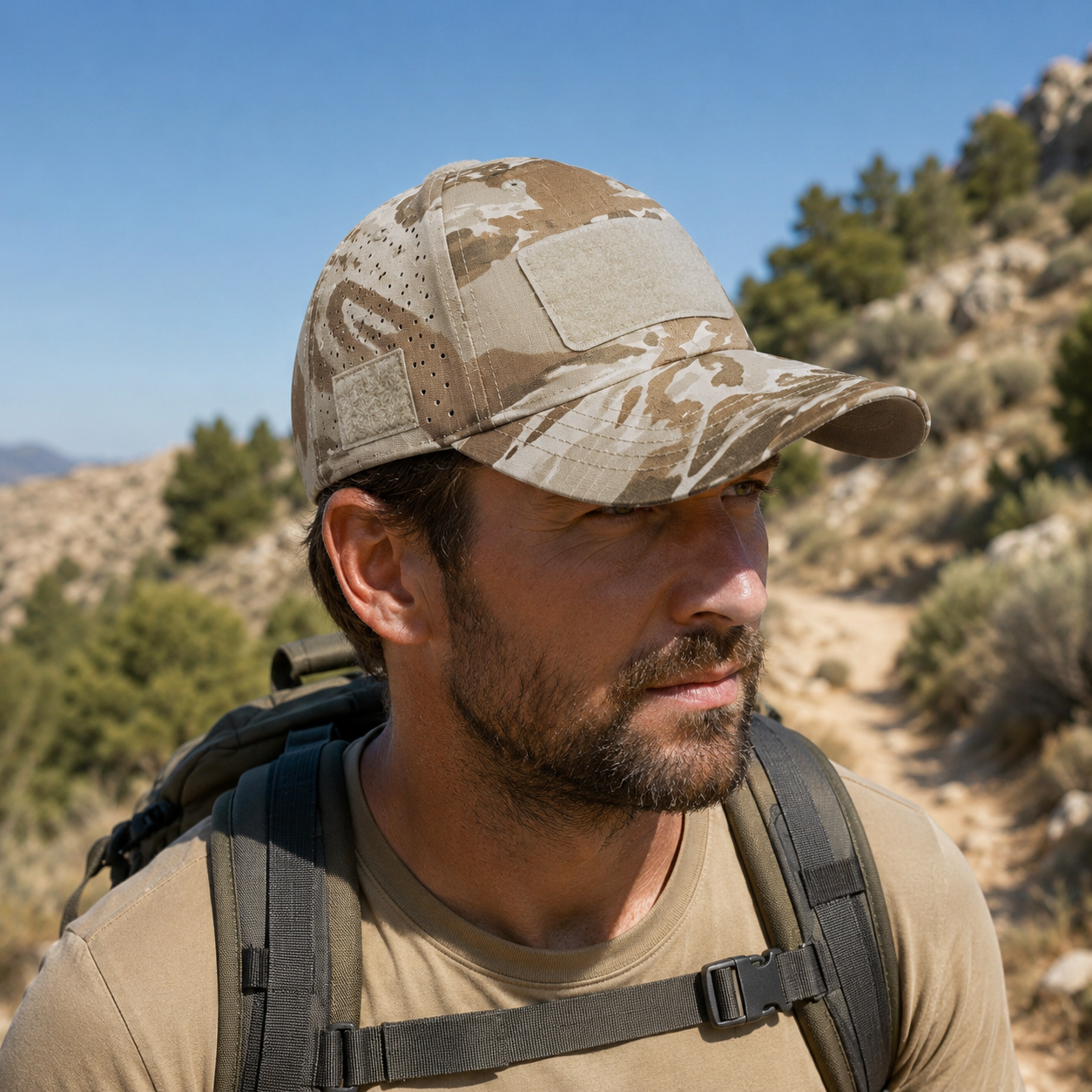 Casquette de randonnee camouflage protection UV Passion Randonnee, vue de face.