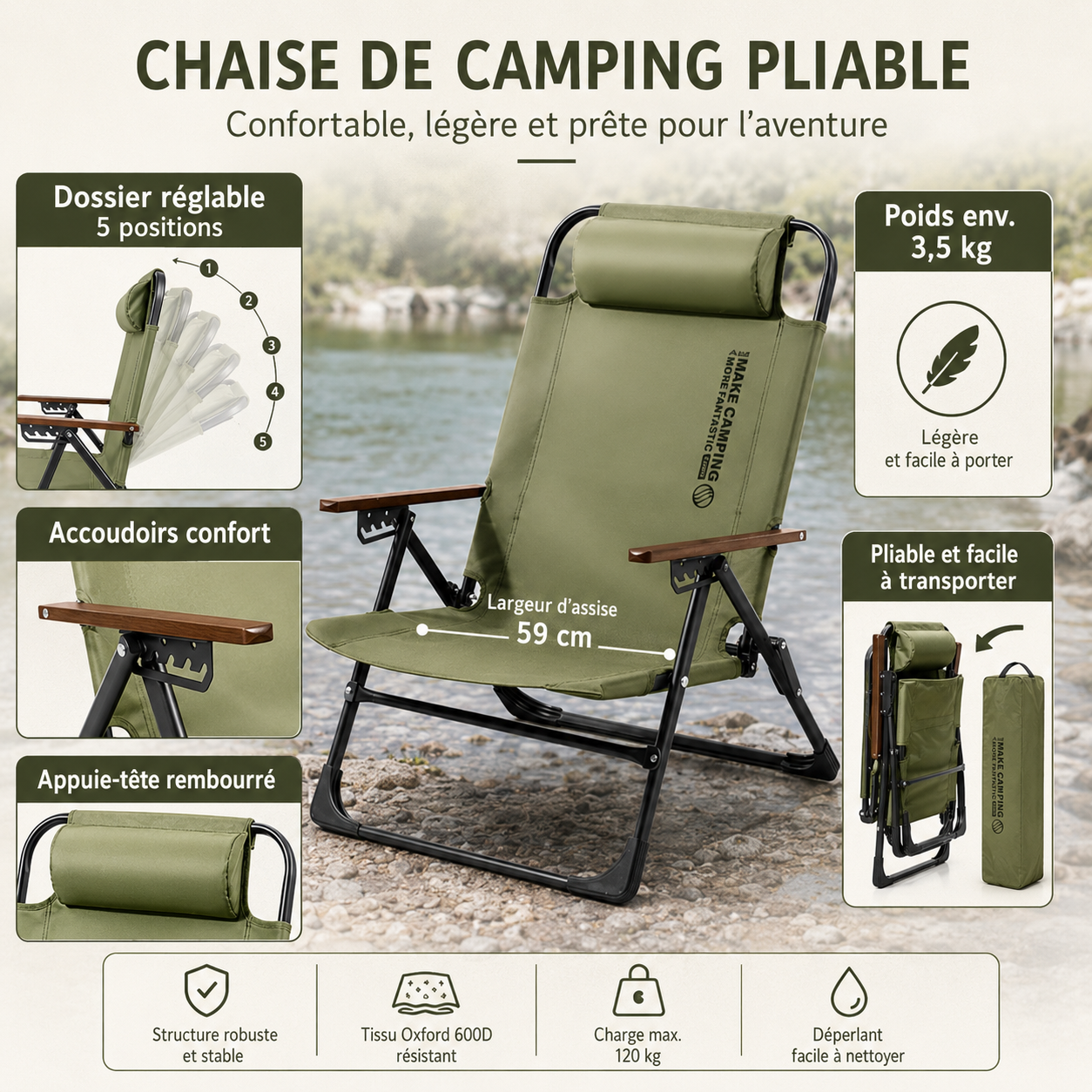 Chaise camping pliante avec accoudoirs Passion Randonnee utilisée en extérieur sur sentier.