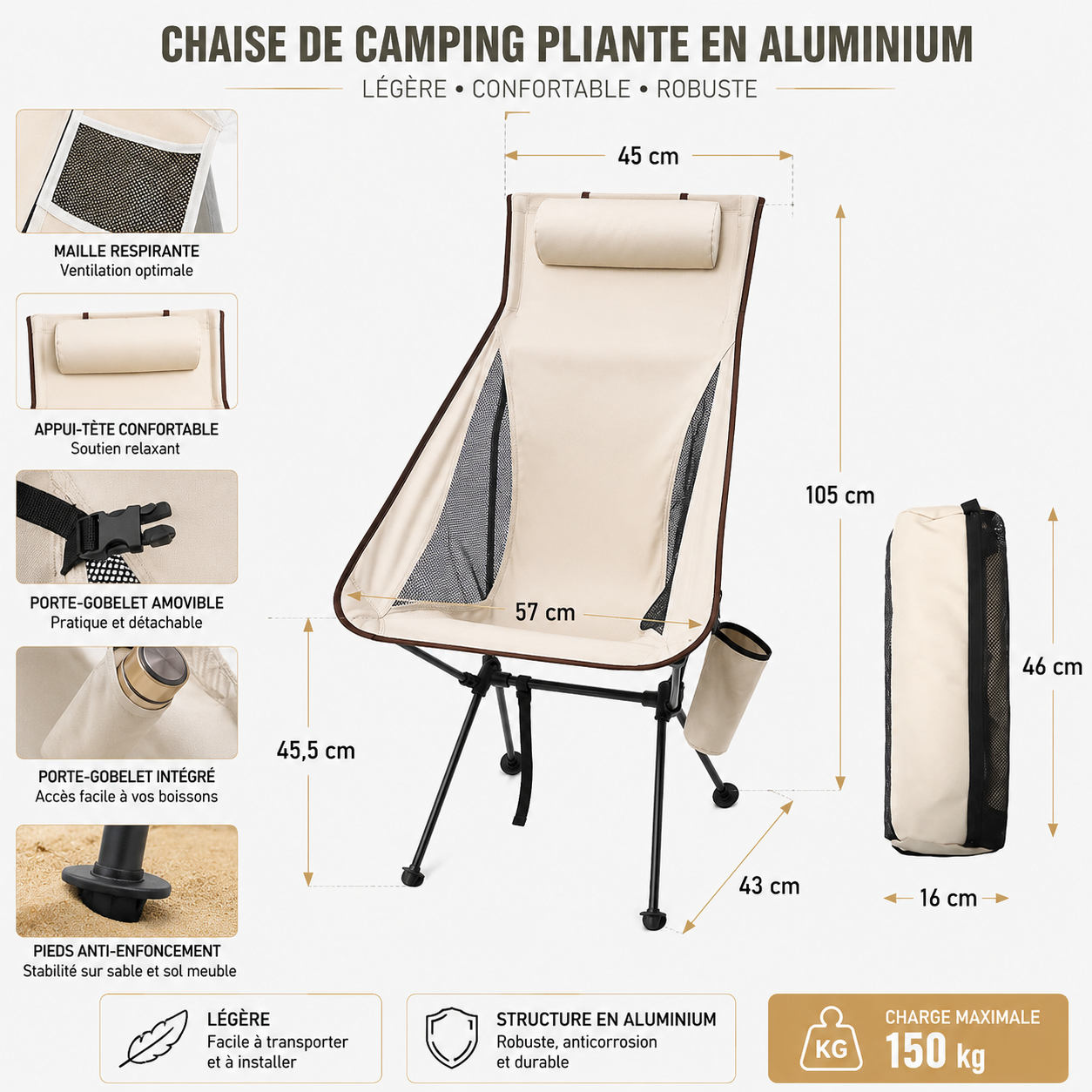 Chaise camping pliante aluminium Passion Randonnee repliee, format compact et leger.