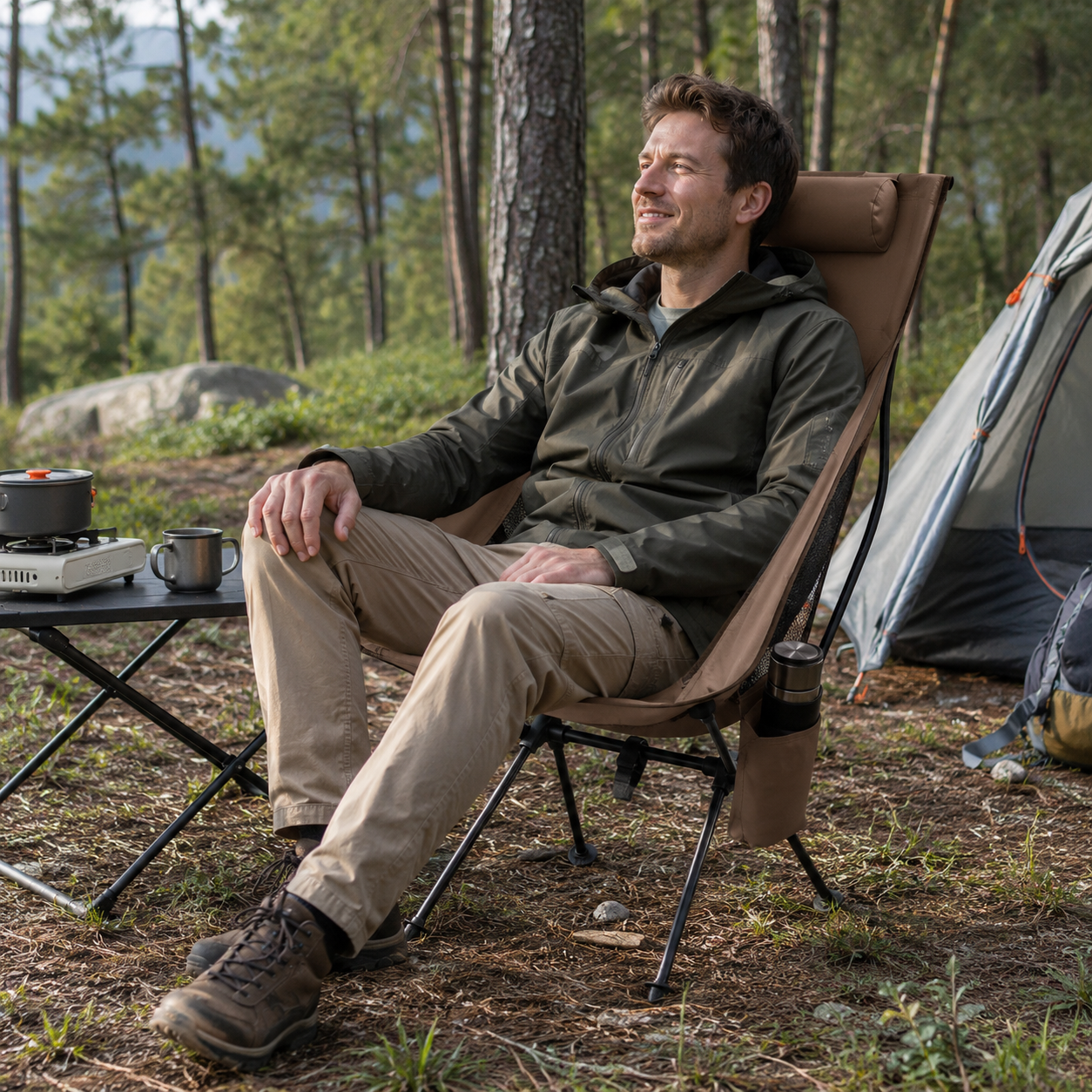 Profil de la chaise camping pliante aluminium Passion Randonnee, structure robuste.