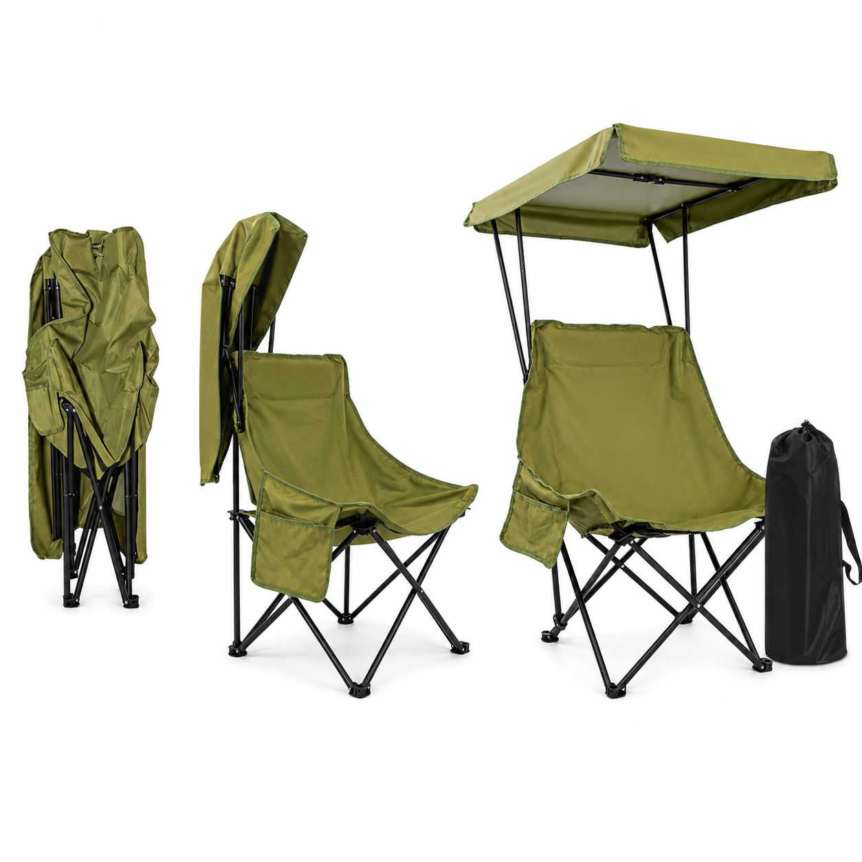 Chaise de camping pliante avec auvent Passion Randonnee utilisée en extérieur, ombrage pratique.