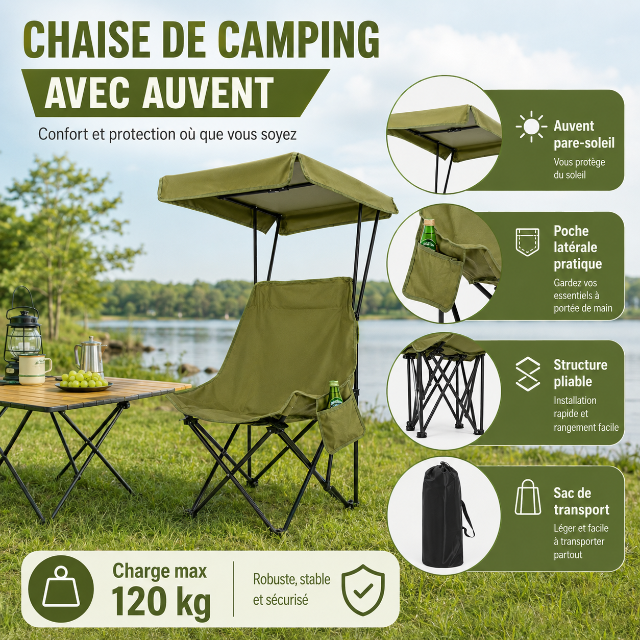 Chaise camping avec auvent Passion Randonnee repliée, format compact pour le transport.