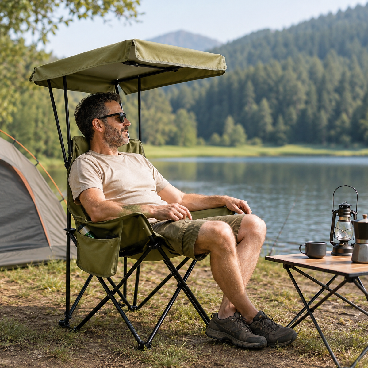 Profil de la chaise de camping avec auvent Passion Randonnee, structure robuste et légère.