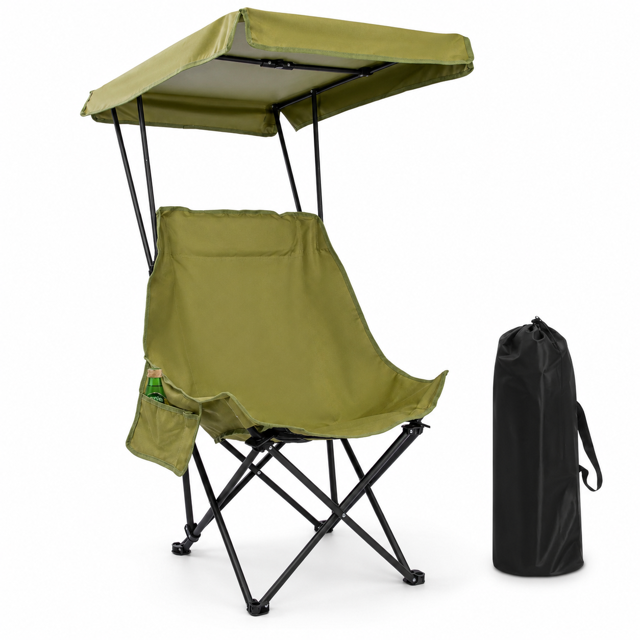 Chaise de camping pliante avec auvent Passion Randonnee, vue de face, protection solaire intégrée.