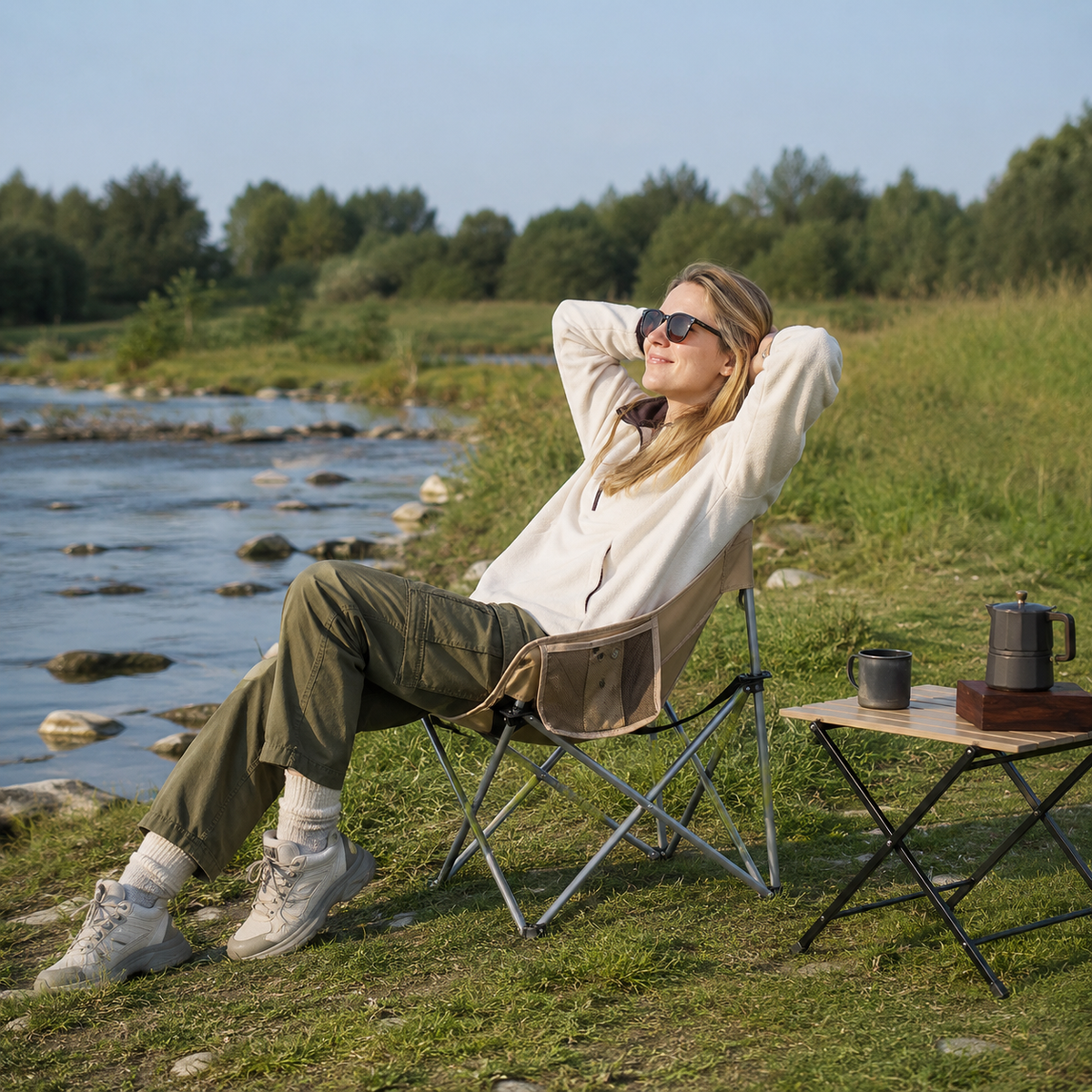 Profil de la chaise de camping portable Passion Randonnee, compacte et resistante.