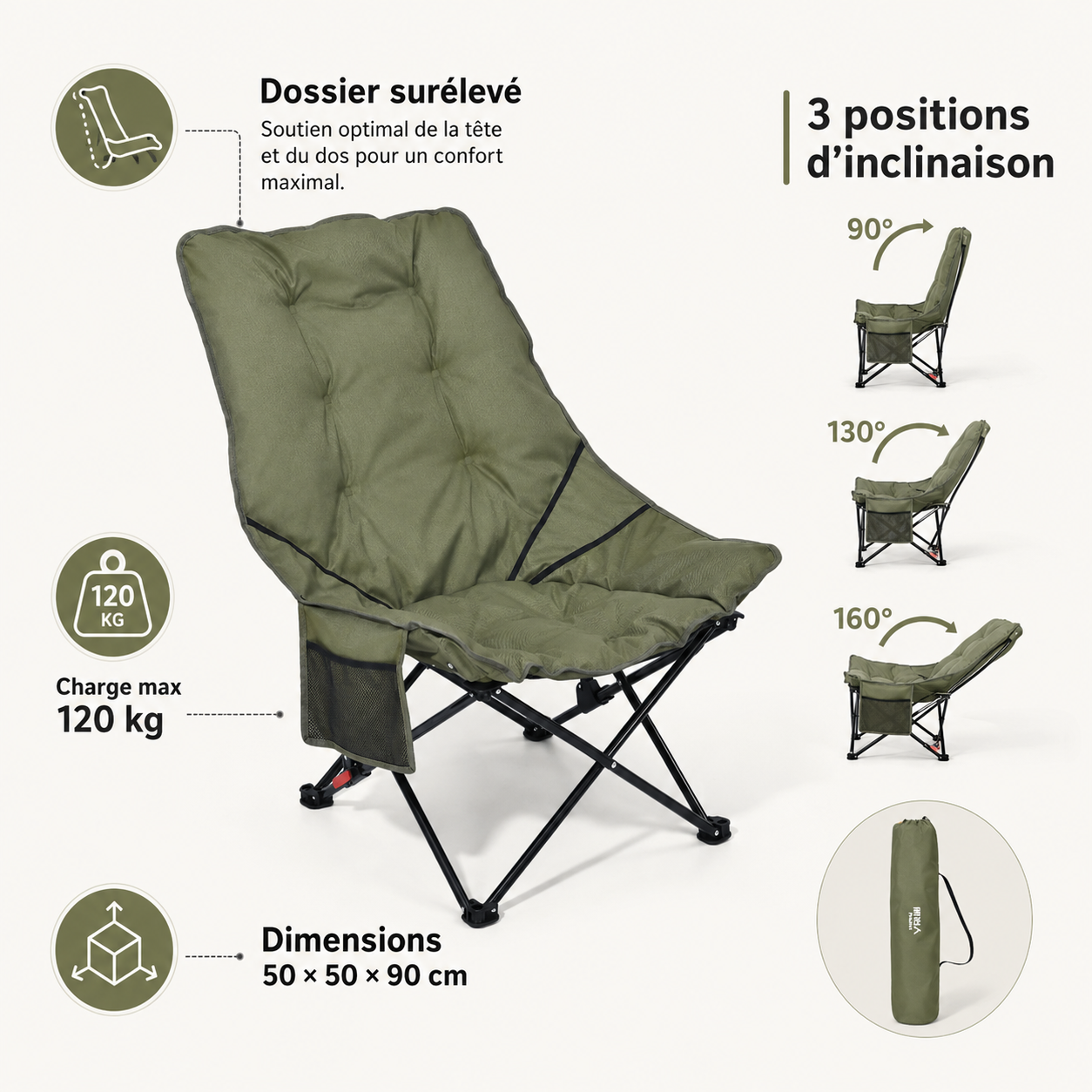Chaise de camping rembourrée Passion Randonnee repliée pour le transport, compacte et légère.