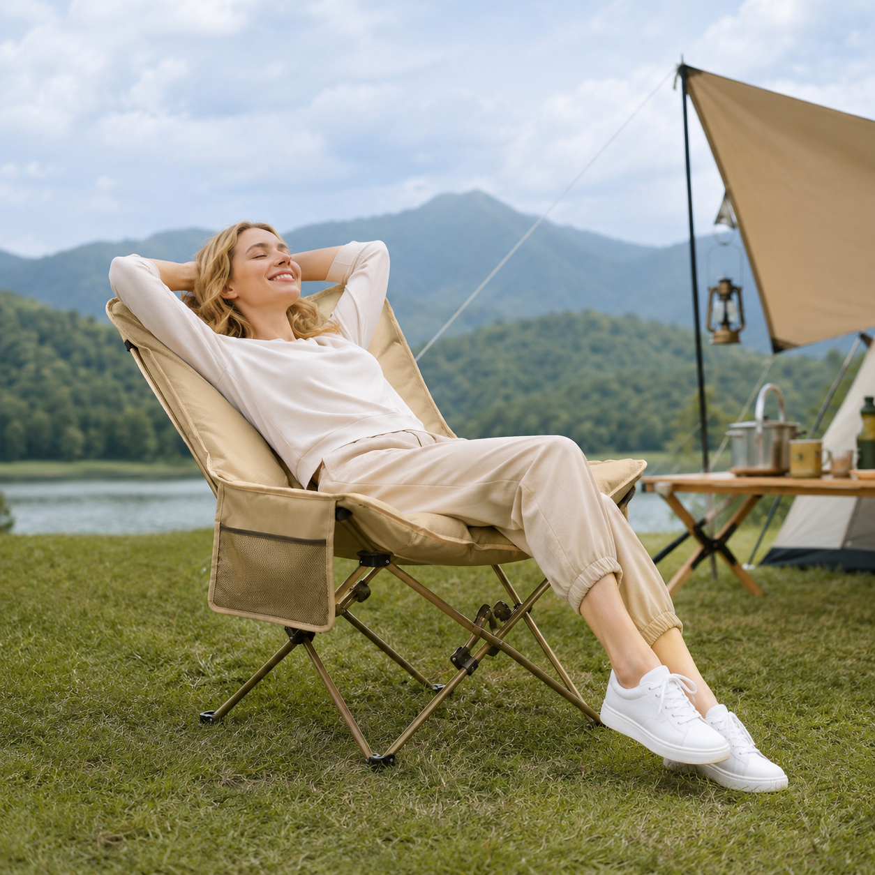 Profil de la chaise de camping rembourrée pliante Passion Randonnee, dossier ergonomique.