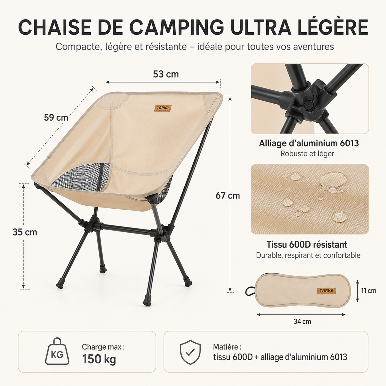 Chaise camping ultralegere Passion Randonnee repliee dans son sac de transport, ultra compacte.