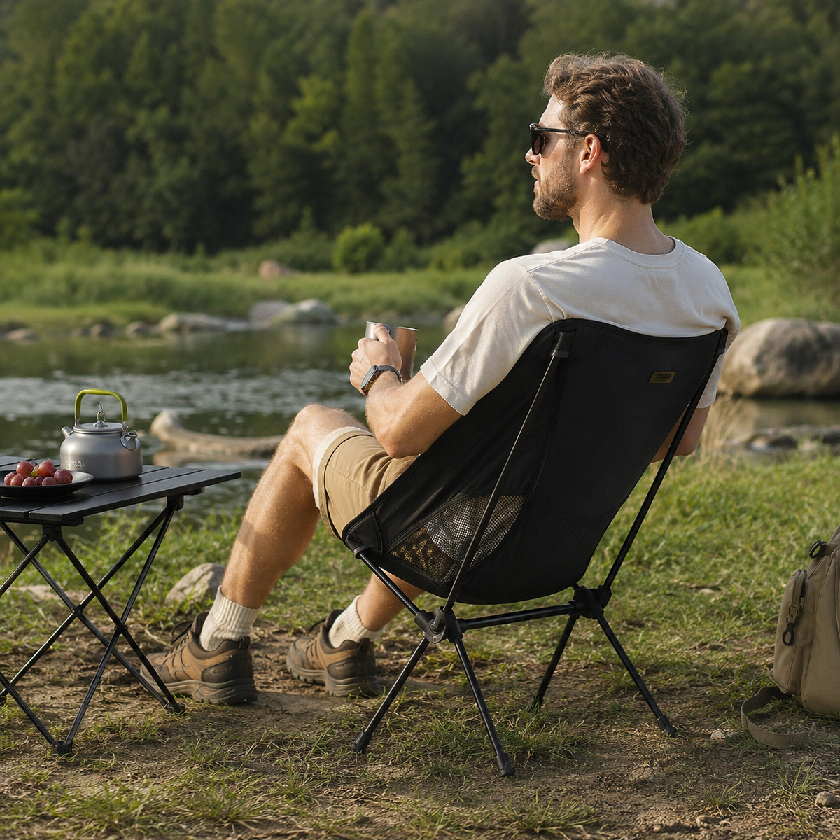 Profil de la chaise camping ultralegere Passion Randonnee, structure minimaliste et robuste.