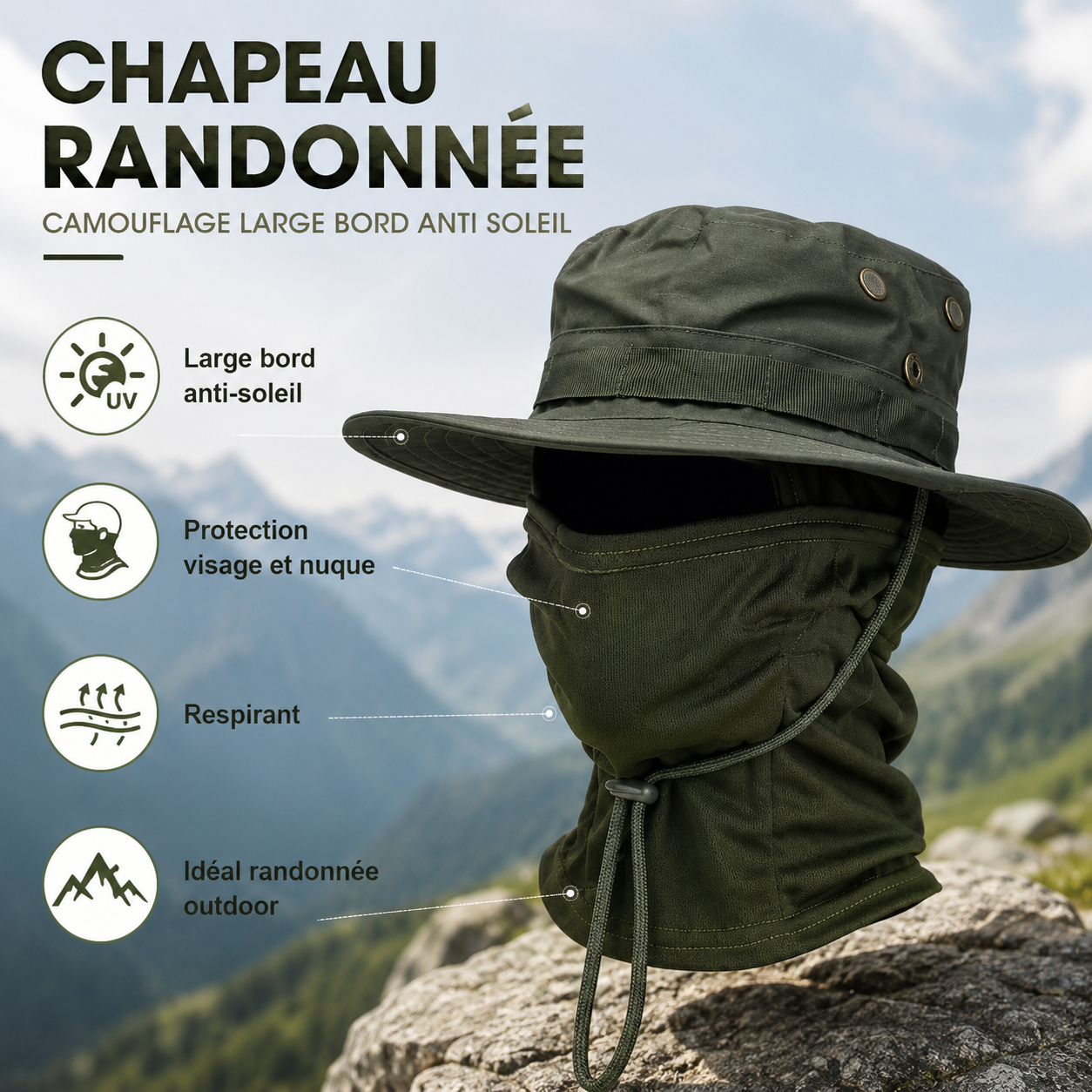 Profil du chapeau de randonnee camouflage large bord Passion Randonnee, bord ombrageur.