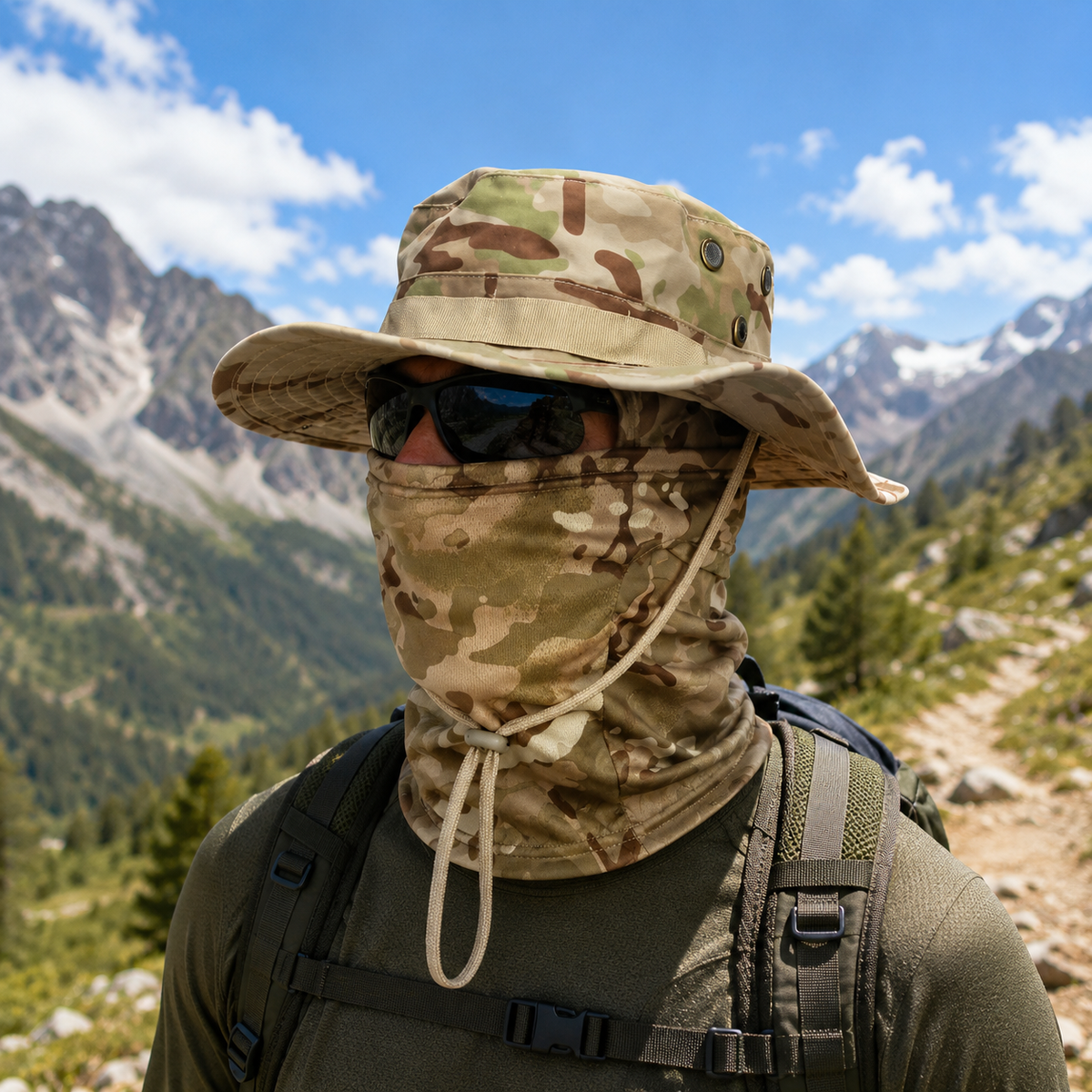 Chapeau de randonnee camouflage large bord Passion Randonnee, vue de face, protection soleil.