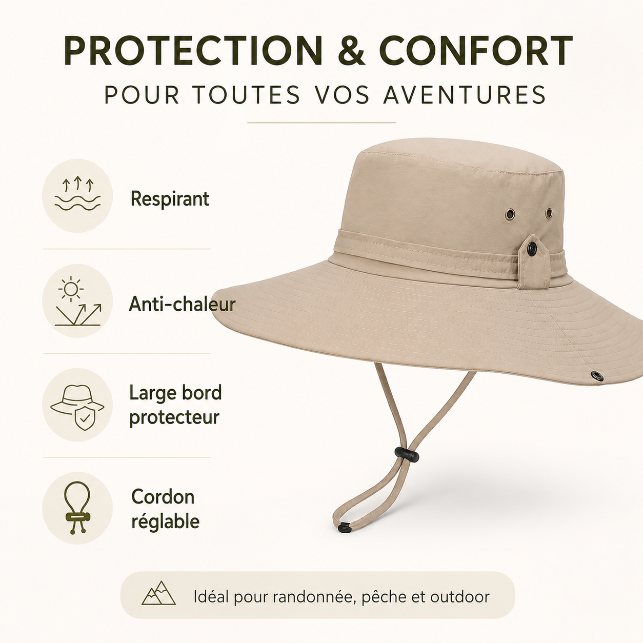 Chapeau outdoor respirant anti-chaleur Passion Randonnee, vue de face, ideal pour l'ete.