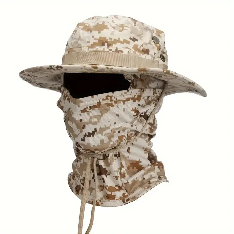 Chapeau randonnée camouflage large bord anti soleil porté en action outdoor Passion Randonnée.