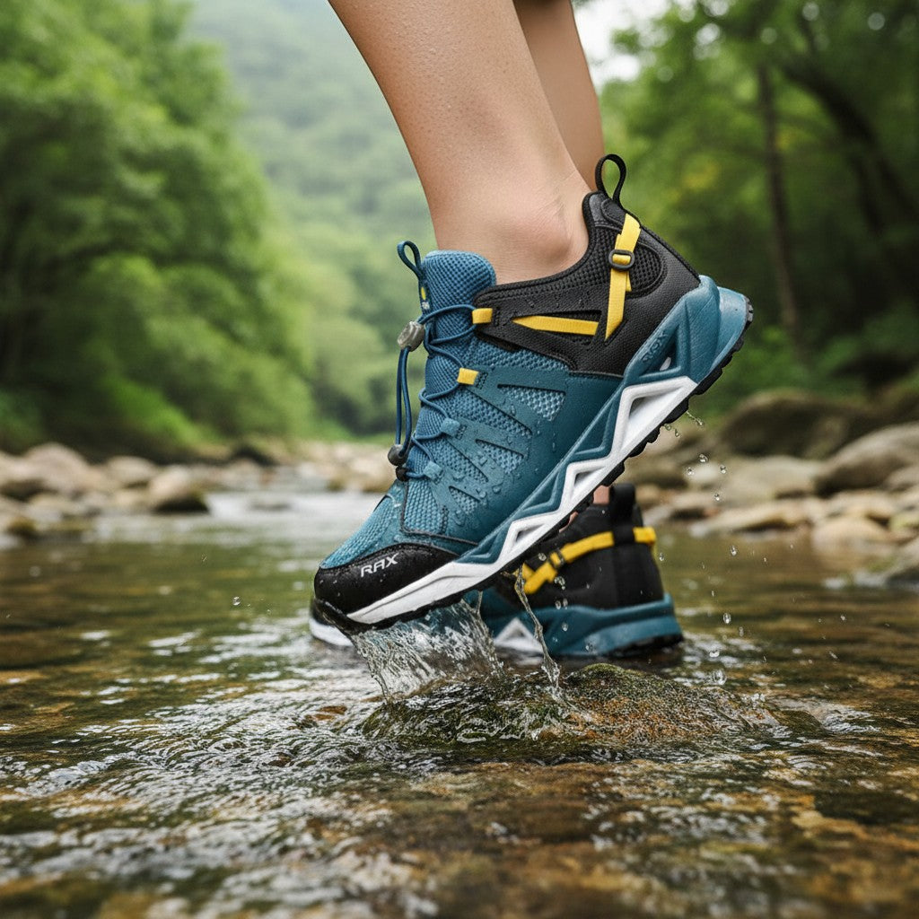 Chaussures aquatiques bleues et noires Passion Randonnée portées dans une rivière, avec semelle antidérapante et laçage rapide pour marcher près de l’eau.