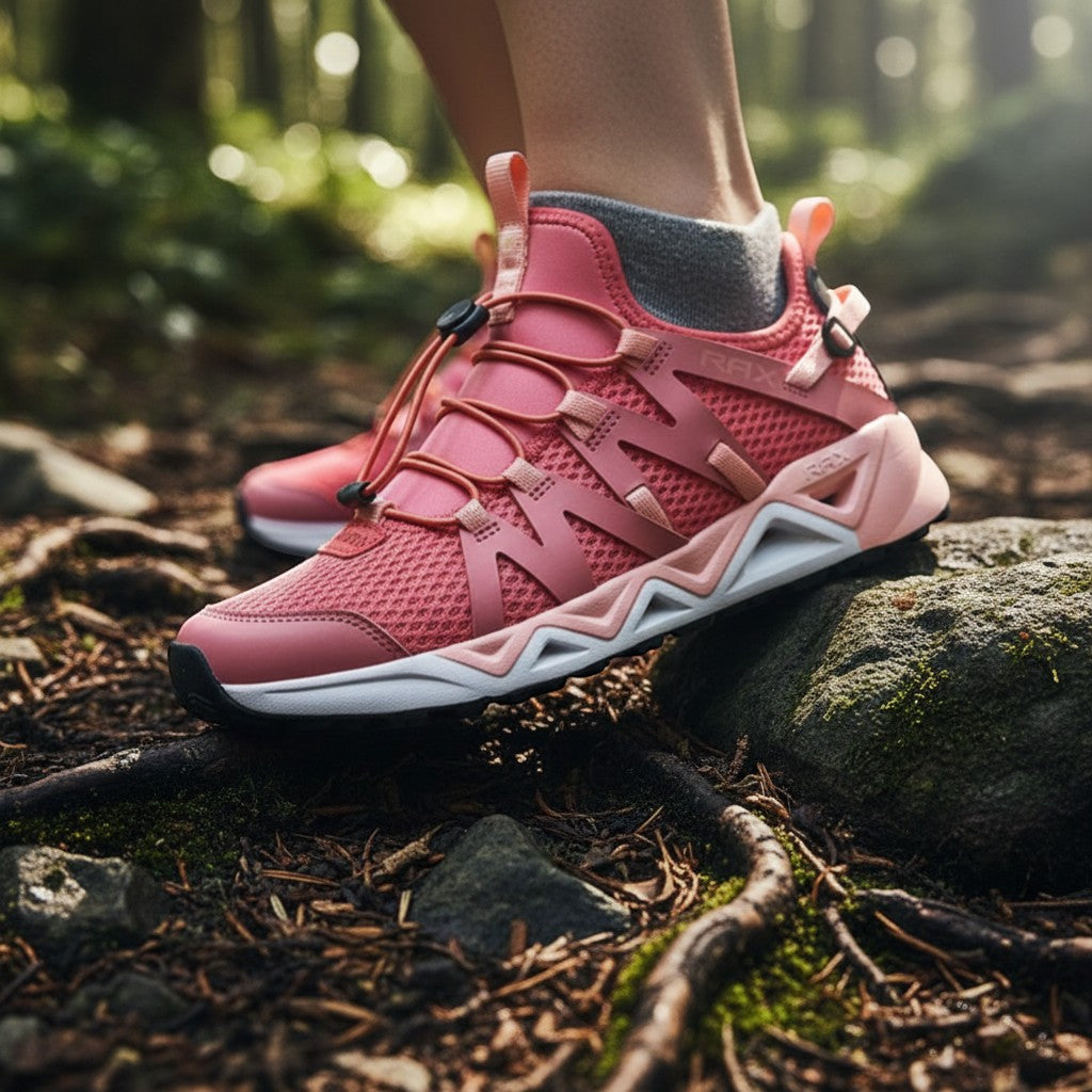 Chaussures aquatiques roses Passion Randonnée portées sur un sentier forestier, avec tissu respirant et semelle accrocheuse pour la marche en extérieur.