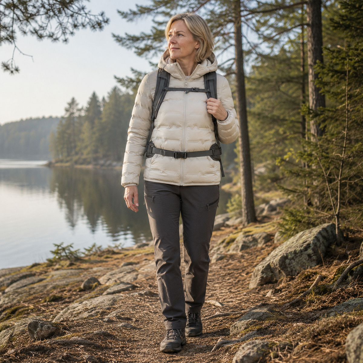 Profil de la doudoune femme chaude a capuche Passion Randonnee, portee en outdoor.