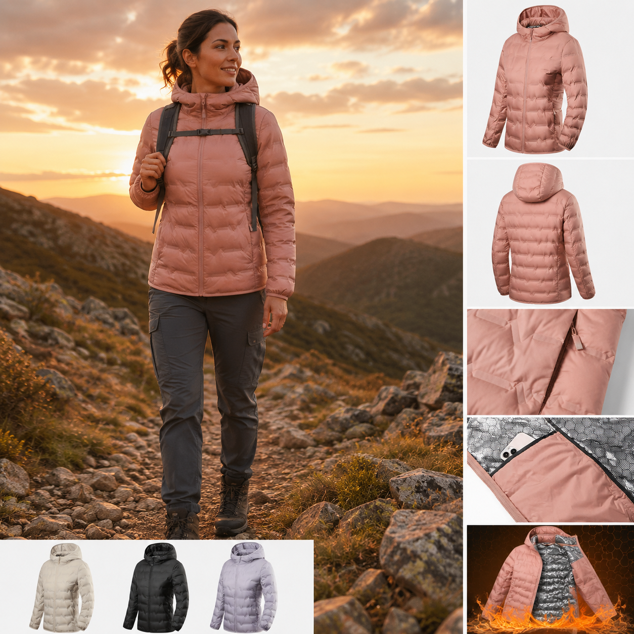 Femme portant une doudoune chaude a capuche Passion Randonnee pour la randonnee, vue de face.