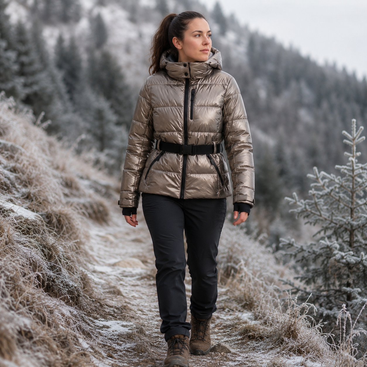 Profil de la doudoune femme grand froid Passion Randonnee avec capuche volumineuse et isolation renforcee.