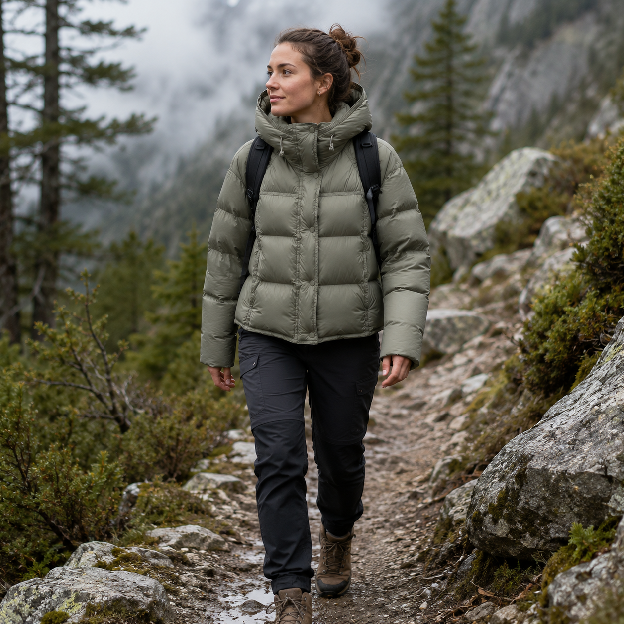 Profil de la doudoune outdoor femme legere Passion Randonnee, coupe ajustee pour randonnee.