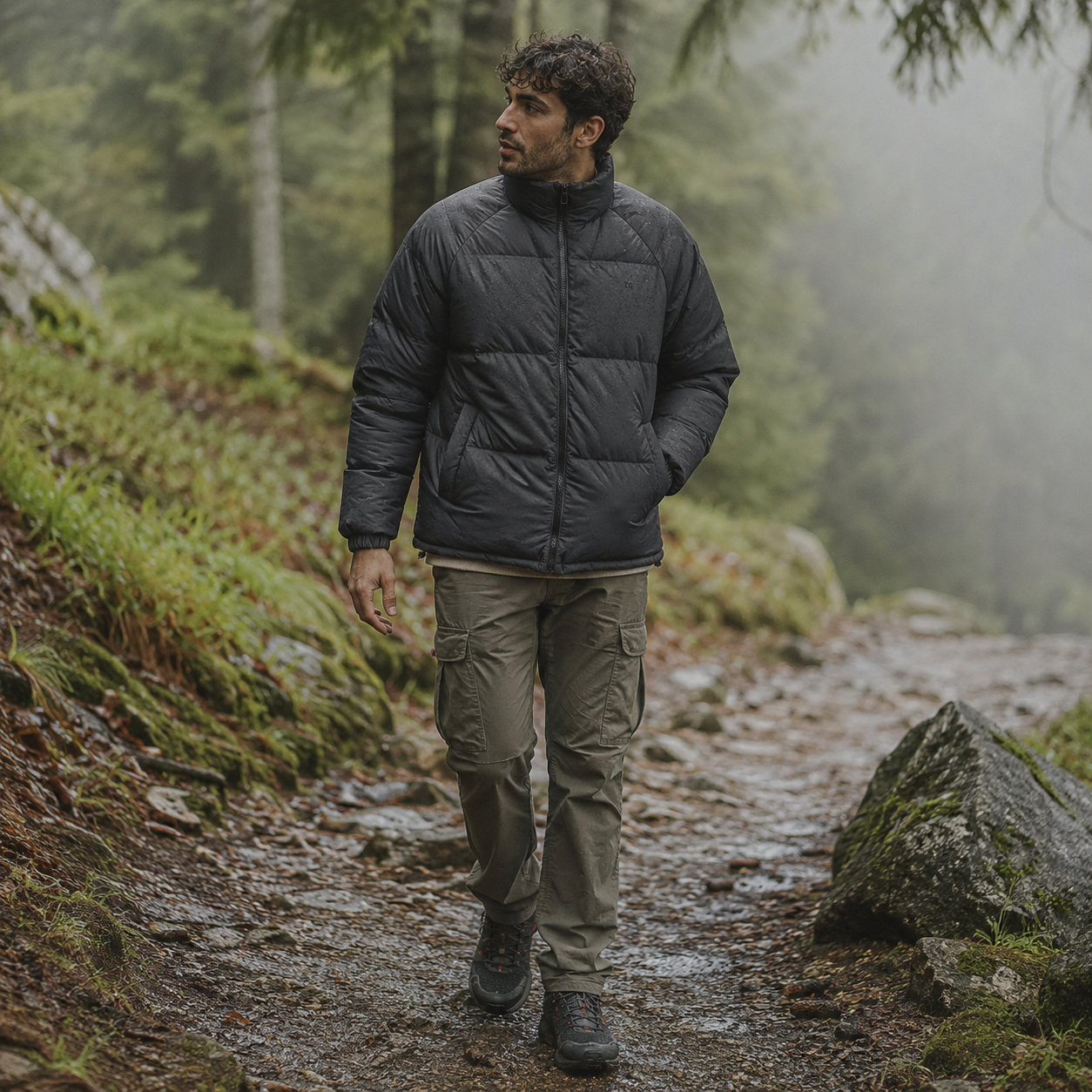 Profil de la doudoune homme chaude et impermeable Passion Randonnee, coupe ajustee pour le trekking.