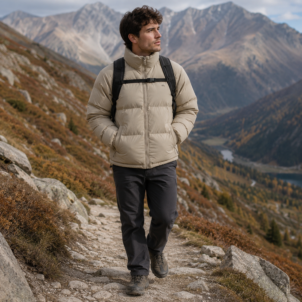 Homme portant une doudoune de randonnee chaude et impermeable Passion Randonnee, vue de face.