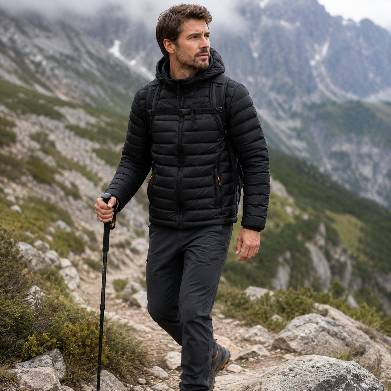 Doudoune de trekking homme Passion Randonnee portee en exterieur, coupe slim et legere.
