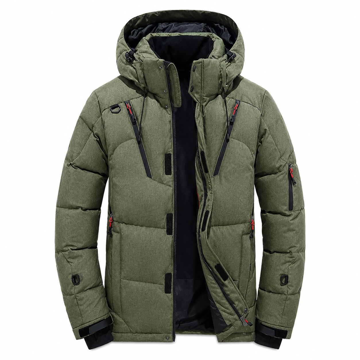 Detail du col et de la capuche de la doudoune impermeable homme Passion Randonnee.