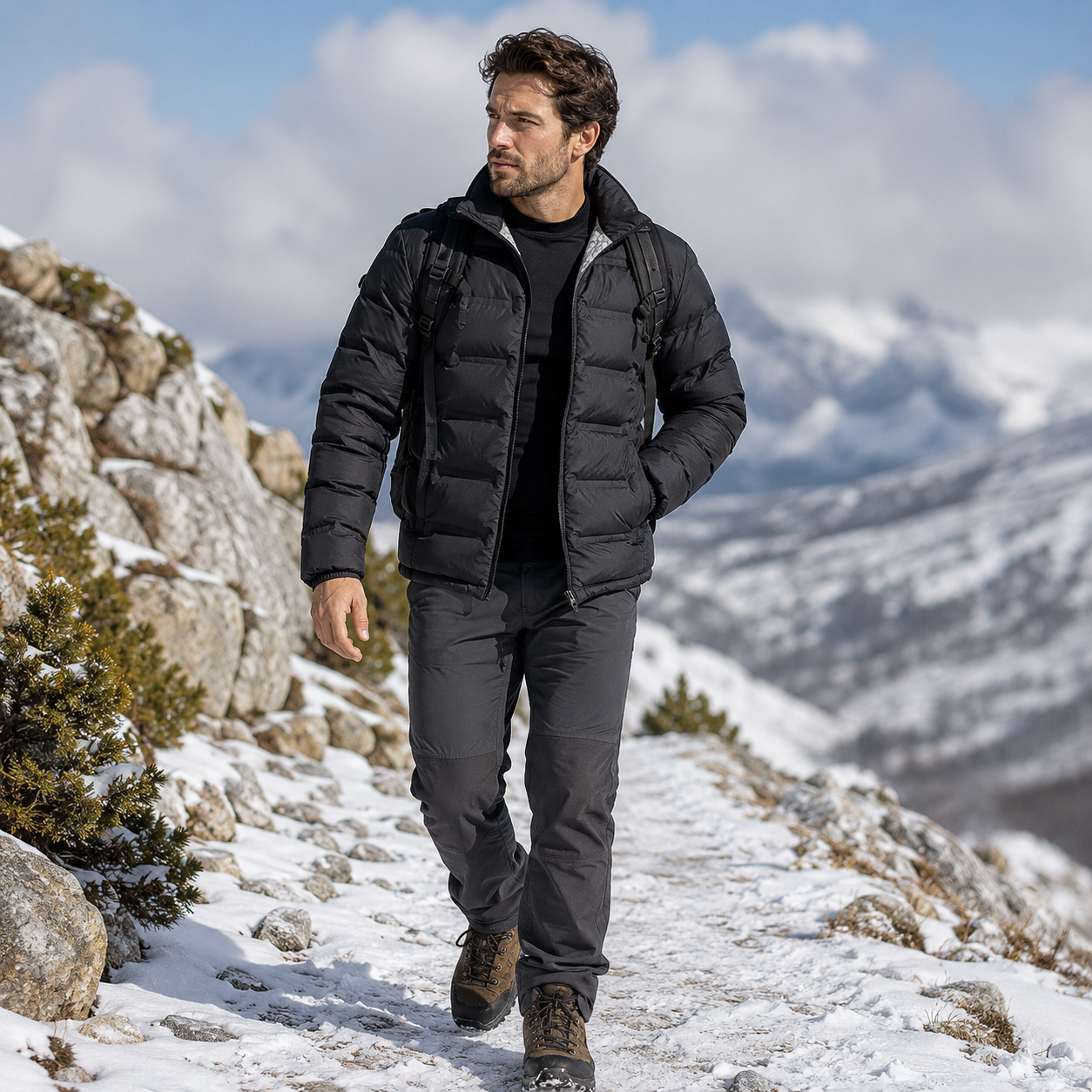 Profil de la doudoune homme impermeable hiver Passion Randonnee, coupe-vent et isolation thermique.