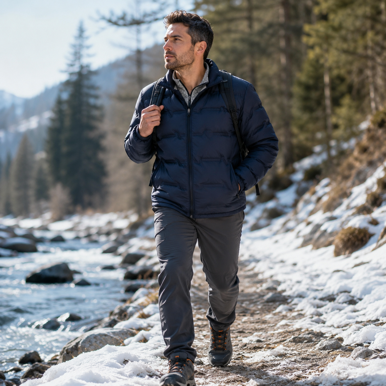 Homme portant une doudoune de randonnee impermeable hiver Passion Randonnee, vue de face.