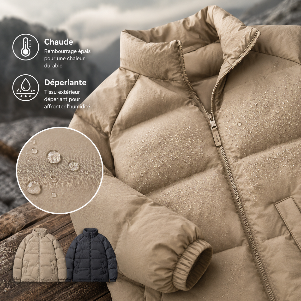 Doudoune impermeable homme Passion Randonnee portee sur sentier, protection contre la pluie et le vent.