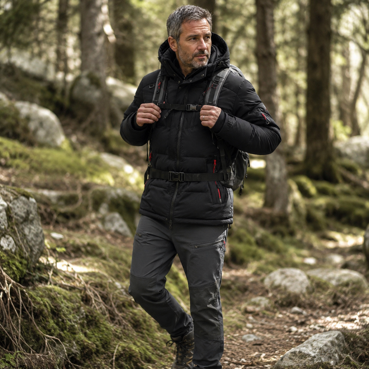 Doudoune impermeable homme Passion Randonnee portee sur sentier par temps froid et humide.