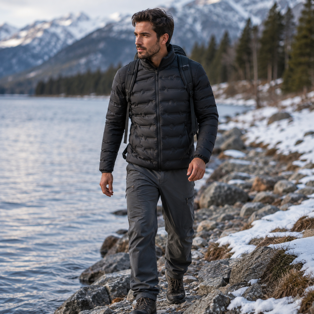 Profil de la doudoune homme legere chaude hiver Passion Randonnee, coupe slim et isolante.