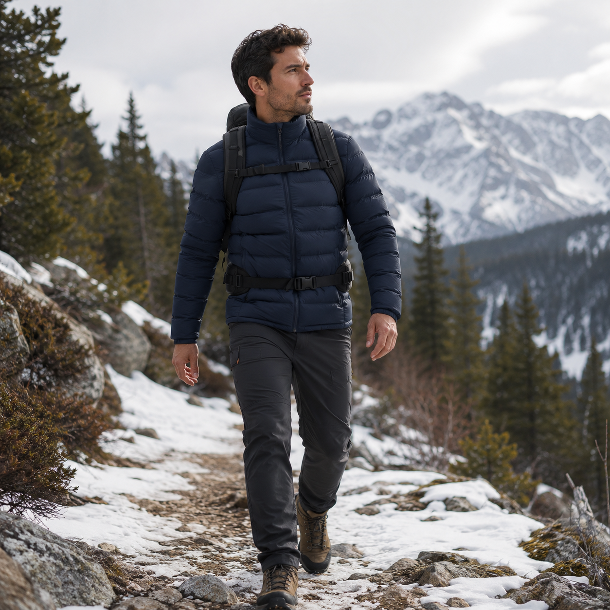 Homme portant une doudoune legere chaude hiver Passion Randonnee, vue de face.