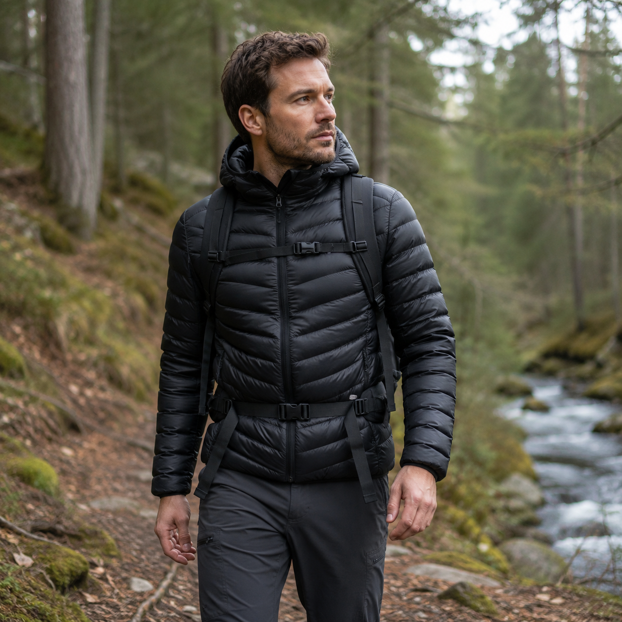 Homme portant une doudoune ultra legere de trekking Passion Randonnee, vue de face.