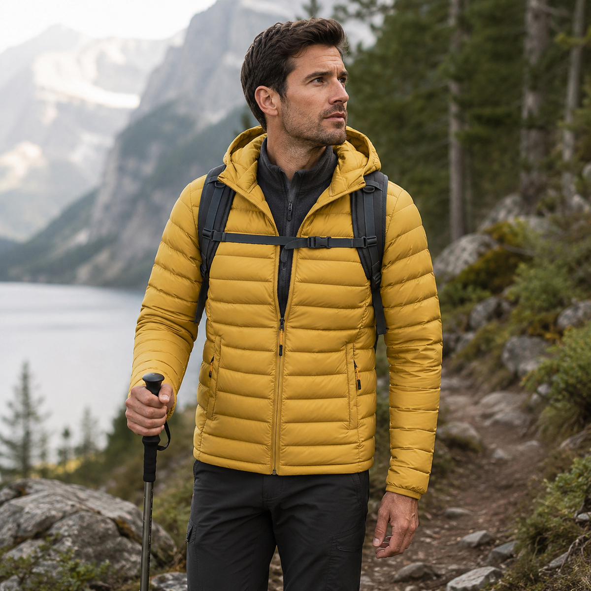 Homme portant une doudoune de trekking chaude et coupe-vent Passion Randonnee, vue de face.