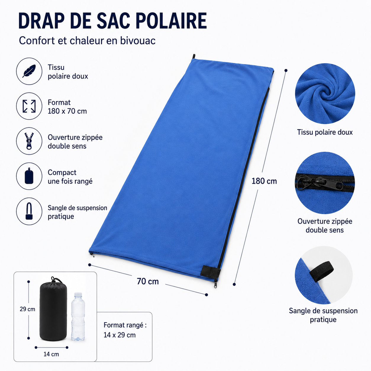 Drap thermique sac de couchage trekking Passion Randonnee, vue de face.