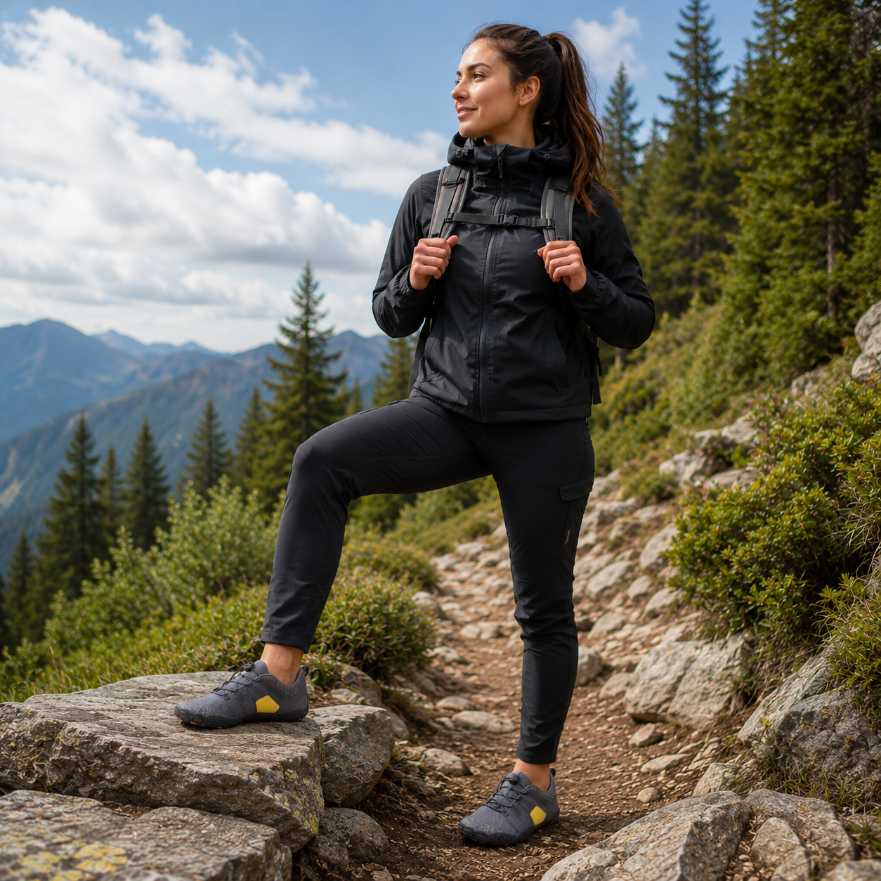 Femme portant un ensemble de randonnée noir Passion Randonnée sur un sentier de montagne, avec veste à capuche, pantalon outdoor, sac à dos et chaussures grises à détails jaunes.