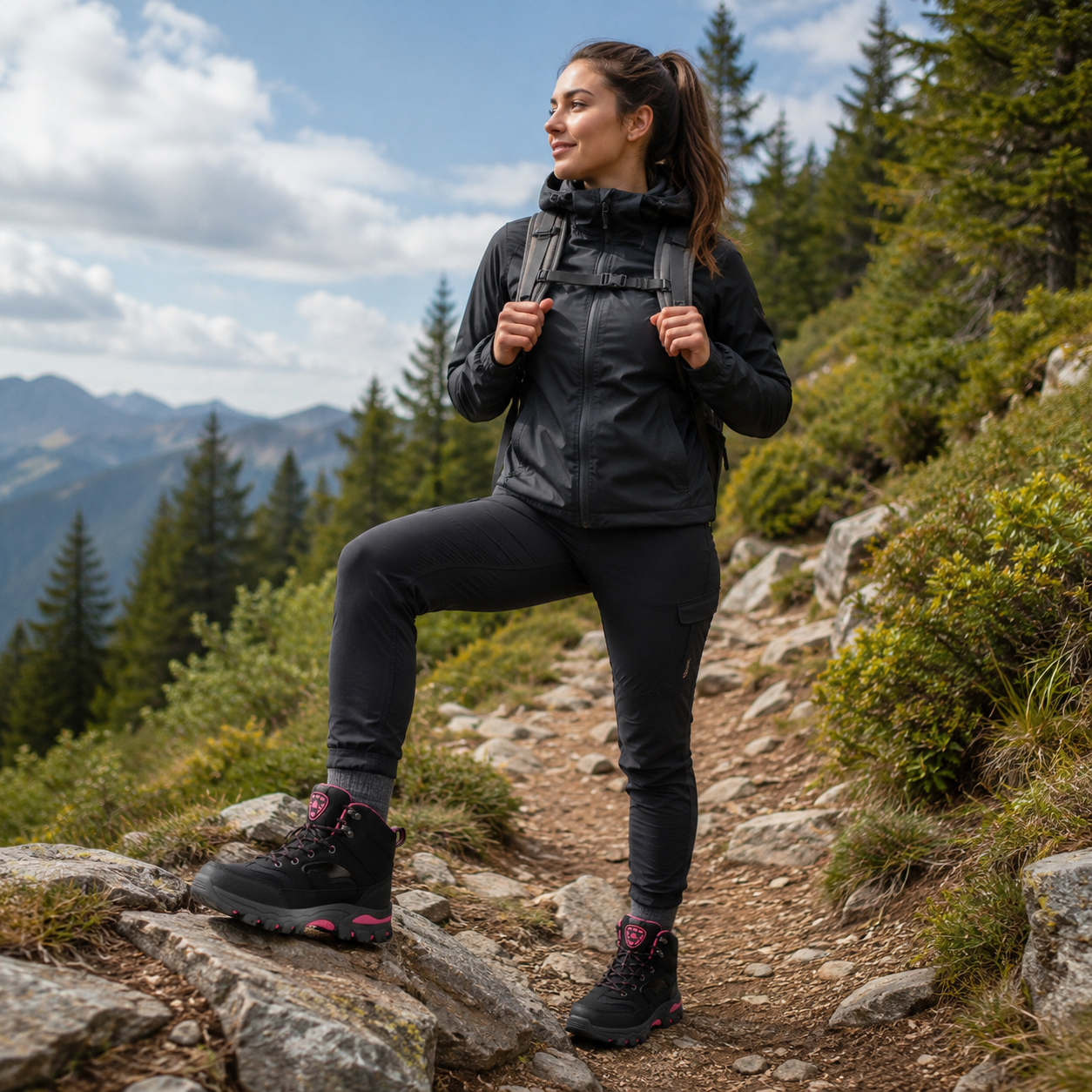 Femme portant un ensemble de randonnée noir Passion Randonnée sur un sentier de montagne, avec veste à capuche, pantalon outdoor, sac à dos et chaussures de marche noires à détails roses.