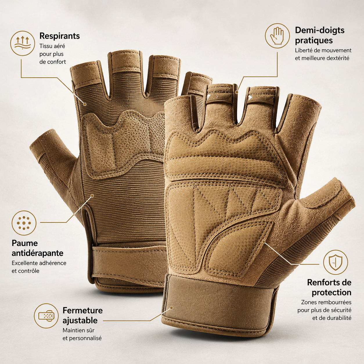 Detail des demi-doigts des gants de randonnee Passion Randonnee, protection et dexterite.