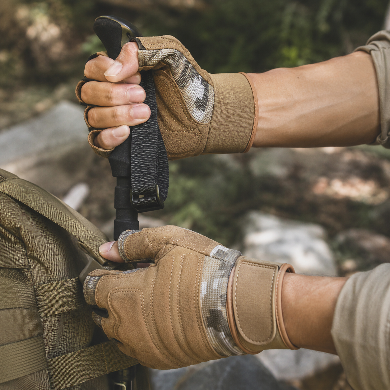 Gants demi-doigts Passion Randonnee portes sur sentier, liberte de mouvement.
