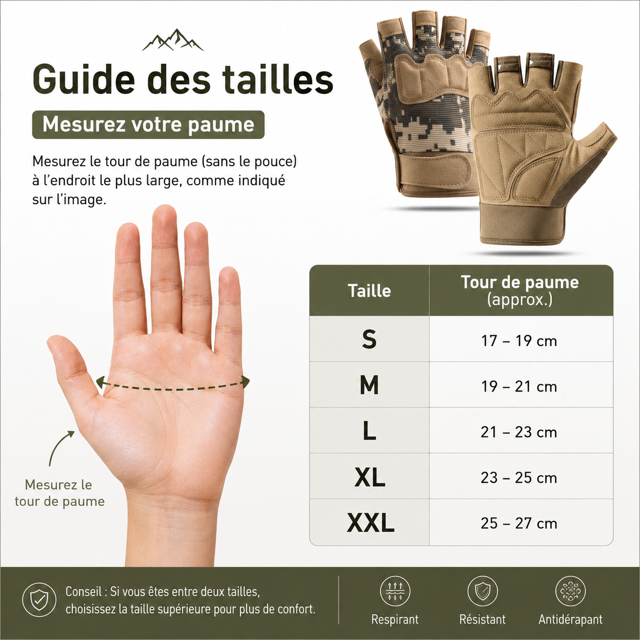 Gants de randonnee demi-doigts Passion Randonnee, vue de face, respirants et legers.