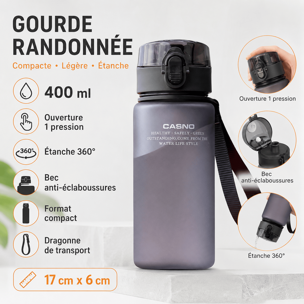 Detail de la matiere de la gourde randonnee compacte 400ml Passion Randonnee, legere et resistante.